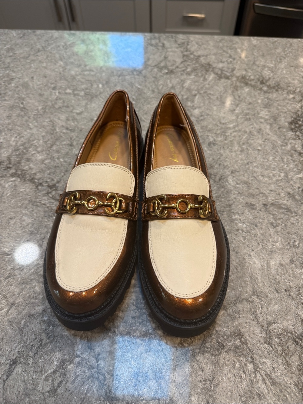 Circus by Sam Edelman Two-Tone Cream and Metallic Brown Loafers